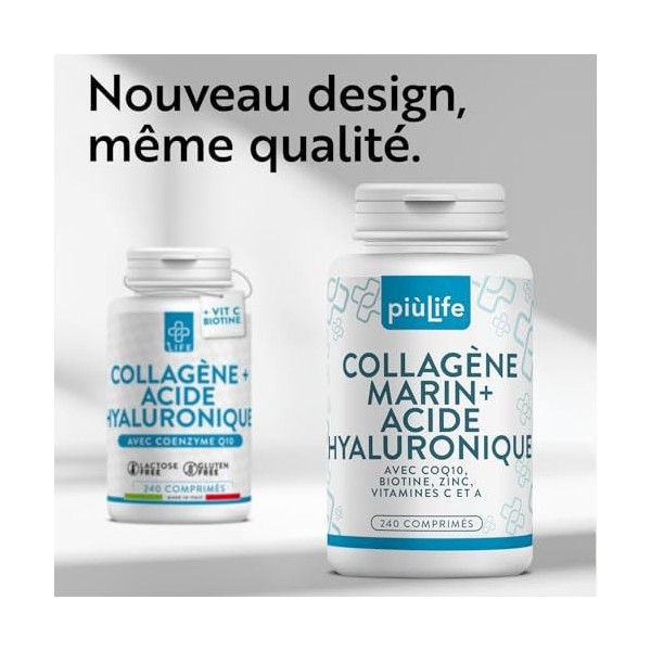 Collagène Marin Acide Hyaluronique PiùLife – 2000 mg Collagène Hydrolysé Type 1, Vitamine C, Biotine, Zinc, Q10 – 240 Gélules