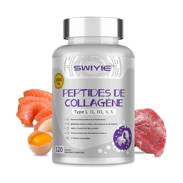 Swiyie Complexe de peptides de collagène Swiyie 5 types : I, II, III, V et X – 1800 mg par portion | 120 capsules | Complém