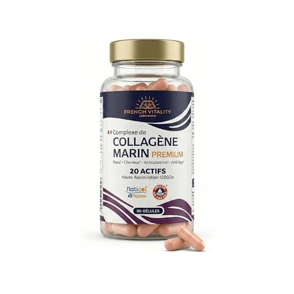 French Vitality Complexe de Collagène Marin Premium - Naticol Tripeptides X3 - All-in-One 20 Actifs - Peau Cheveux Articulati