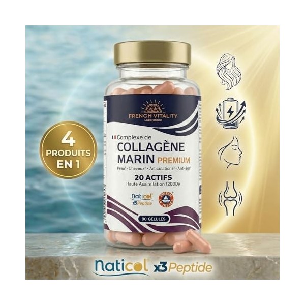 French Vitality Complexe de Collagène Marin Premium - Naticol Tripeptides X3 - All-in-One 20 Actifs - Peau Cheveux Articulati