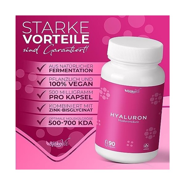 Capsules dacide hyaluronique – Hautement dosées avec 500 mg dacide hyaluronique – 500-700 kDa – 90 gélules végétaliennes