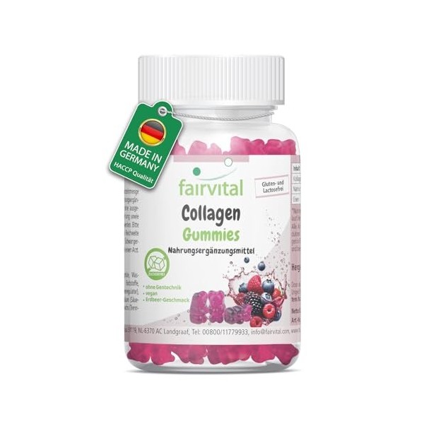 Fairvital | Gommes collagène - 60 pièces - 1000mg par jour - avec sodium et fer - hautement dosées - sans sucre - qualité con