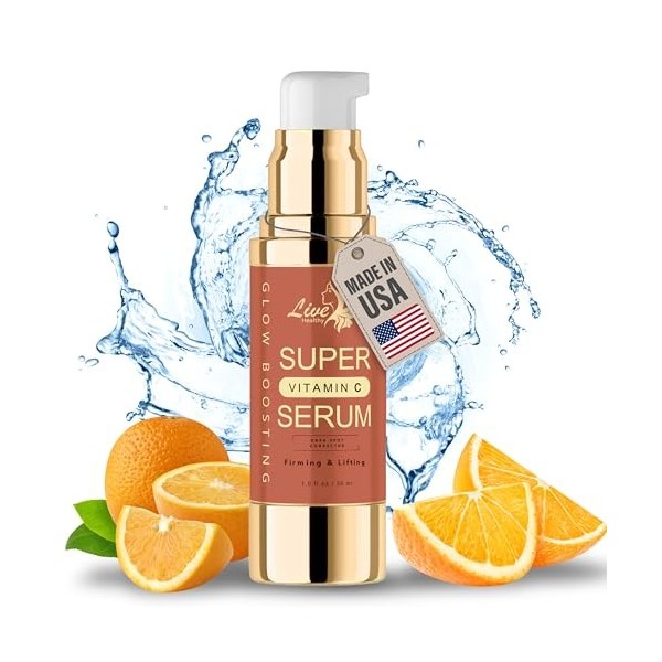 Sérum à la vitamine C pour le visage et le cou - Sérum anti-âge hautement dosé pour femme - Éclaircissant et hydratant - Cont
