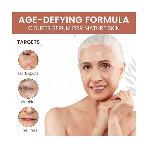 Sérum à la vitamine C pour le visage et le cou - Sérum anti-âge hautement dosé pour femme - Éclaircissant et hydratant - Cont