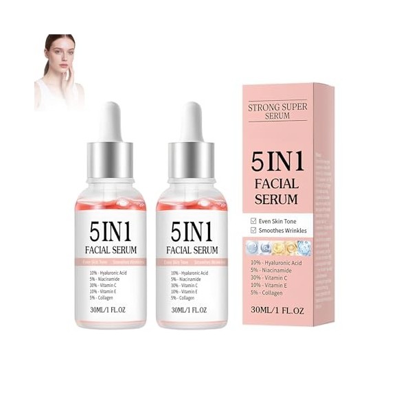 Lot de 2 sérums faciaux tout-en-un 5 en 1 avec vitamine C, E, acide hyaluronique et collagène pour tous les types de peau, sé