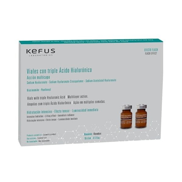 KEFUS Acide hyaluronique réticulé en flacon – Hydratation, raffermissement et anti-âge | 10 unités x 5 ml | Non injectable | 