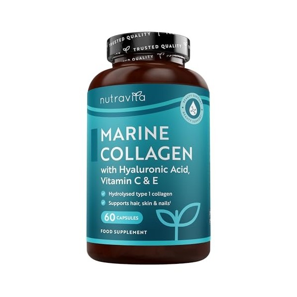 Collagène marin 1000 mg - 60 capsules de collagène hydrolysé supérieur de type 1 - enrichi en acide hyaluronique, vitamine C,