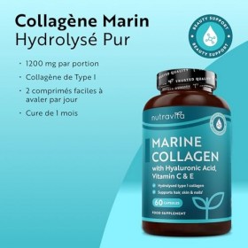 Collagène marin 1000 mg - 60 capsules de collagène hydrolysé supérieur de type 1 - enrichi en acide hyaluronique, vitamine C,