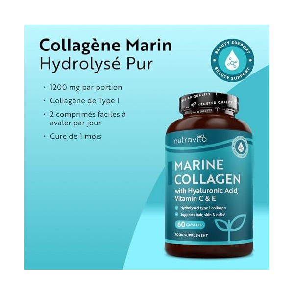 Collagène marin 1000 mg - 60 capsules de collagène hydrolysé supérieur de type 1 - enrichi en acide hyaluronique, vitamine C,