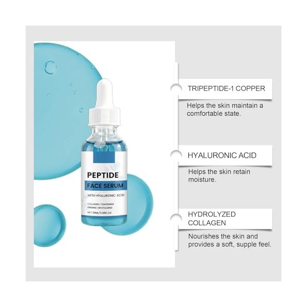 Sérum Visage aux Peptides de Cuivre, sérum anti-âge à base de peptides et dacide hyaluronique, 29 ml. Contient du tripeptide ...