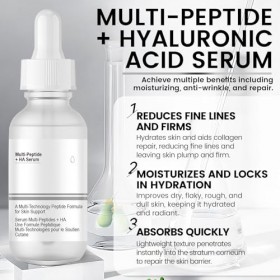 Sérum Multi-Peptides + Acide Hyaluronique, Serum Acide Hyaluronique Visage, Serum Anti Age, Hydrate et Illumine Teint, Atténu