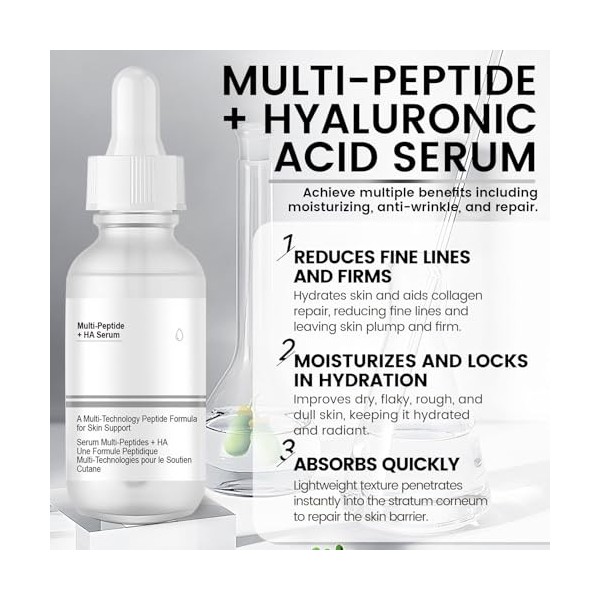 Sérum Multi-Peptides + Acide Hyaluronique, Serum Acide Hyaluronique Visage, Serum Anti Age, Hydrate et Illumine Teint, Atténu
