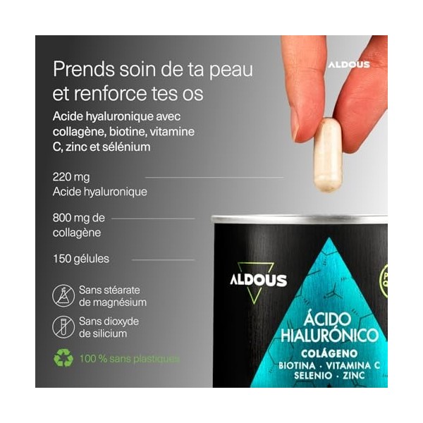 Collagène Hydrolysé + Acide Hyaluronique 220 mg - 150 gélules - 800 mg de Collagène par dose - Peau hydratée et articulations
