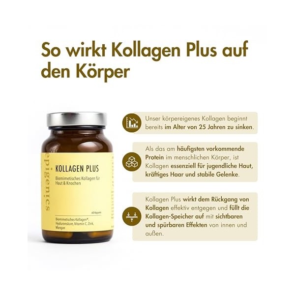 Epigenics Collagène Plus Capsules à lacide hyaluronique pour 30 jours - Collagène végétalien et biomimétique - Comprimés c