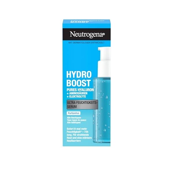 Neutrogena Hydro Boost Sérum hydratant pour le visage sans parfum avec acide hyaluronique, acides aminés et électrolytes, sér...