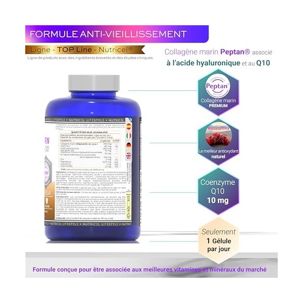 Collagène Marin Peptan® avec Acide Hyaluronique, Astaxanthine, Coenzyme Q10, Vitamine C et Zinc, Vitamines B12 et D3, Magnési