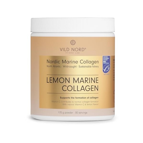 Vild Nord Poudre de Collagène Marin Citronné - 170 g, 30 portions - Peptides de Collagène Hydrolysés Type 1, pour la Peau, le