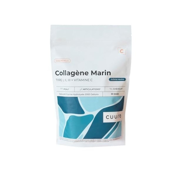 Collagène Marin Hydrolysé Naticol® type 1, 2 & 3 + Vitamine C en Poudre - CUURE - Peptides Brevetés - Dosage Optimal 6g par P