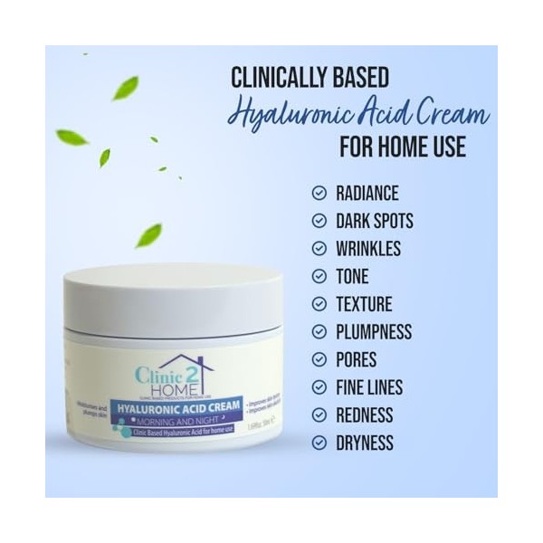 Clinic2Home Crème Hyaluronique 50g – Crème anti-rides jour & nuit à lacide hyaluronique. Hydrate, lisse les ridules & amél