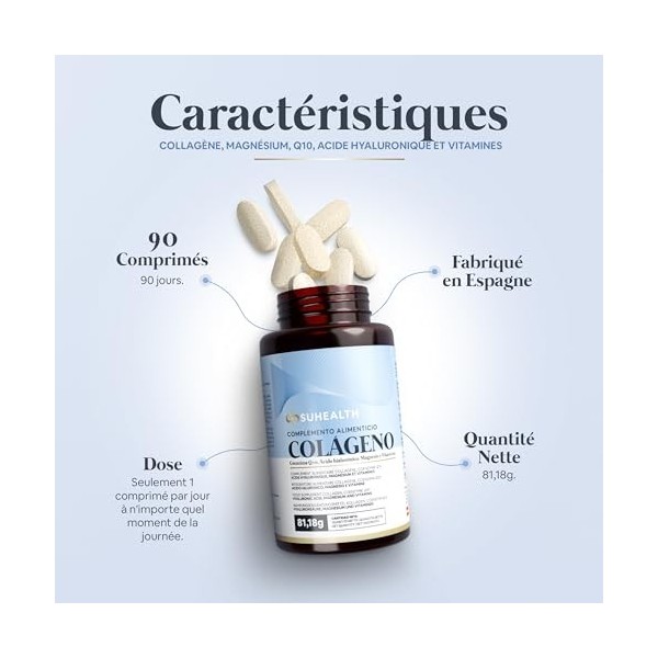 Suhealth Collagene et Acide Hyaluronique av Q10, Magnésium et Vitamines 90 Gélules - Collagene Marin Acide Hyaluronique - Col