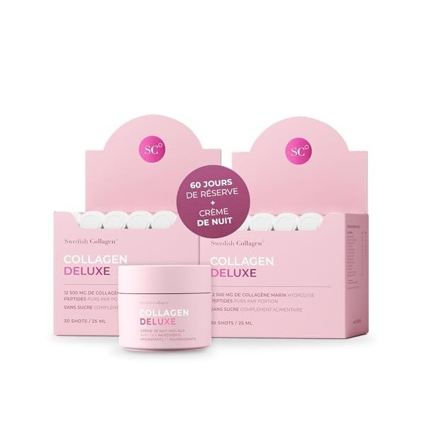 Coffret Deluxe Swedish Collagen Collagène marin hydrolysé 12 500 mg 60 jours dapprovisionnement et crème nuit anti-âge 50 m A...
