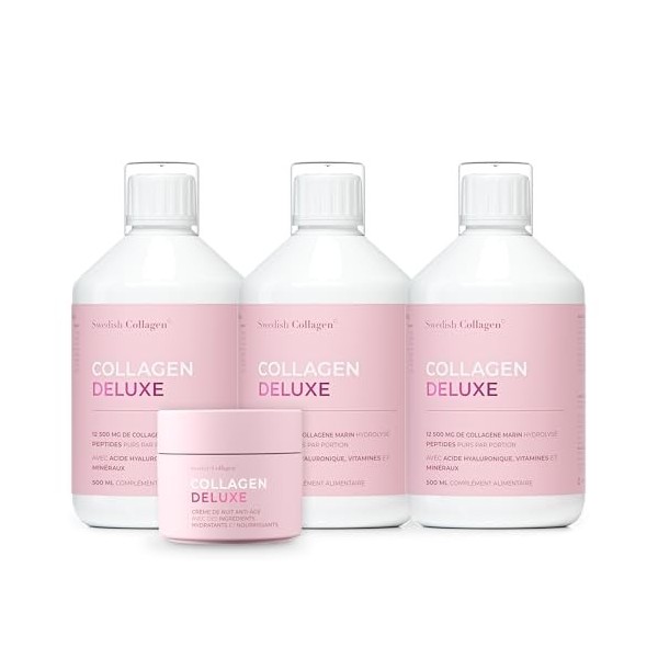 Coffret Deluxe Swedish Collagen Collagène marin hydrolysé 12 500 mg 60 jours dapprovisionnement et crème nuit anti-âge 50 m A...