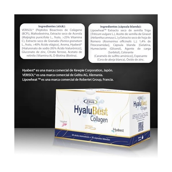 HYALUBEST COLLAGEN Suplementos Zeus Complément avancé pour la peau, les cheveux et les ongles avec peptides de collagène, aci