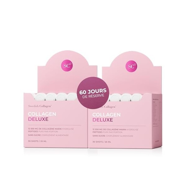 Swedish Collagen Deluxe | Supplément liquide de collagène marin hydrolysé 12 500 mg - 60 doses quotidiennes de 25 ml 2 paque