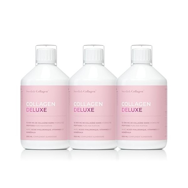 Swedish Collagen Deluxe | Complément liquide de collagène marin hydrolysé 12 500 mg - 3 x 500 ml 1 500 ml au total 60 jours