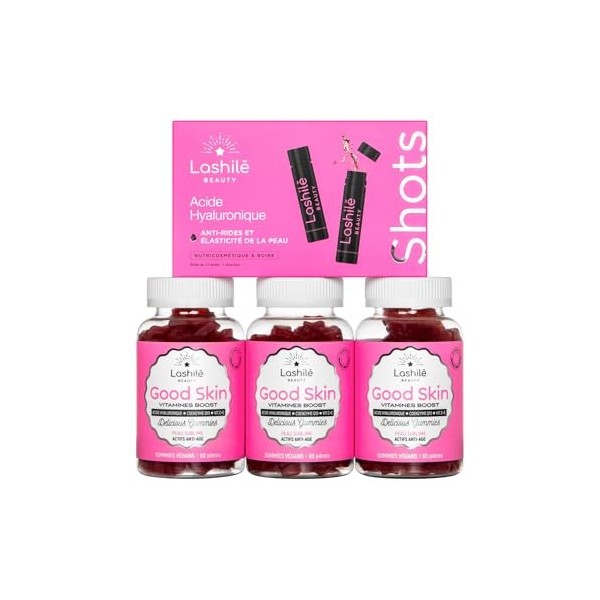 Lashilé Beauty - Complément Alimentaire - Action Anti-rides et élasticité de la peau - Shots Acide Hyaluronique 150 mg + Gumm