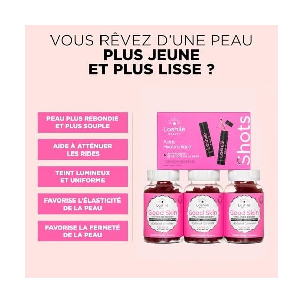 Lashilé Beauty - Complément Alimentaire - Action Anti-rides et élasticité de la peau - Shots Acide Hyaluronique 150 mg + Gumm