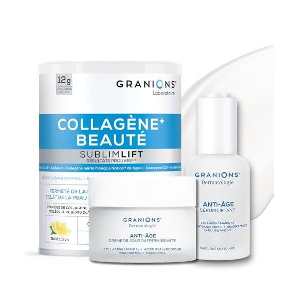 Trio Anti Age & Out -GRANIONS - SERUM 30mL + CREME DE JOUR 50mL + COLLAGENE +BEAUTE SUBLIMLIFT CITRON 315 MG - Collagene mari...