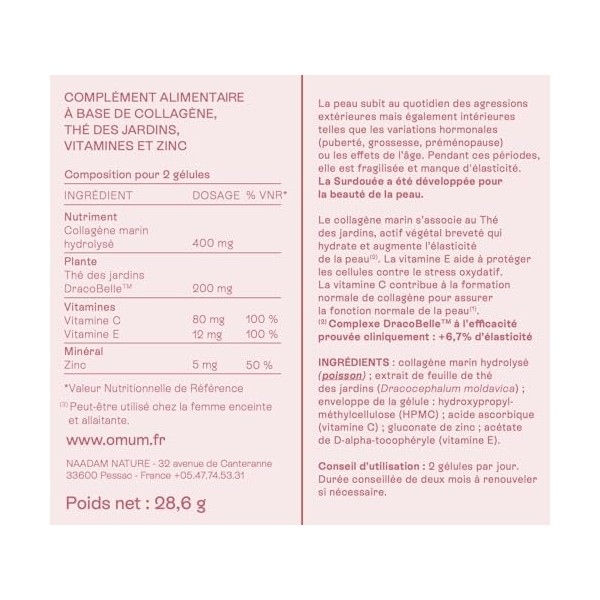 OMUM - La Surdouée - Complément Alimentaire au collagène marin - Elasticité, hydratation beauté de la peau - Compatible gross...