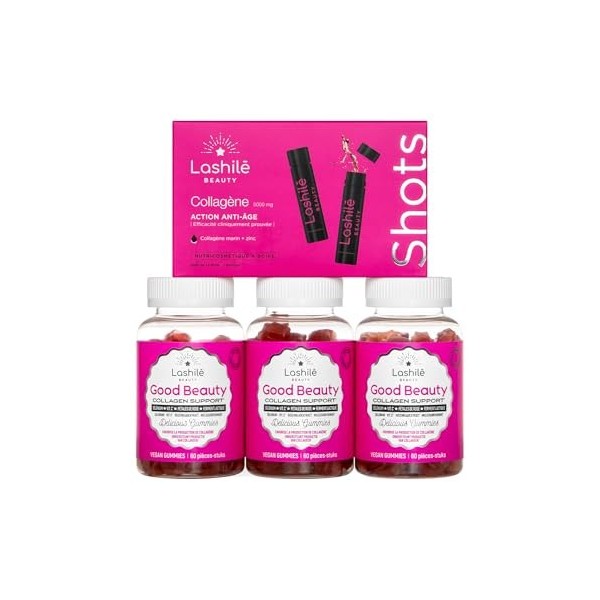 Lashilé Beauty - Complément Alimentaire - Anti-âge Global - Shots Collagène Marin 5000 mg + Gummies Good beauty - Type 1 et 3