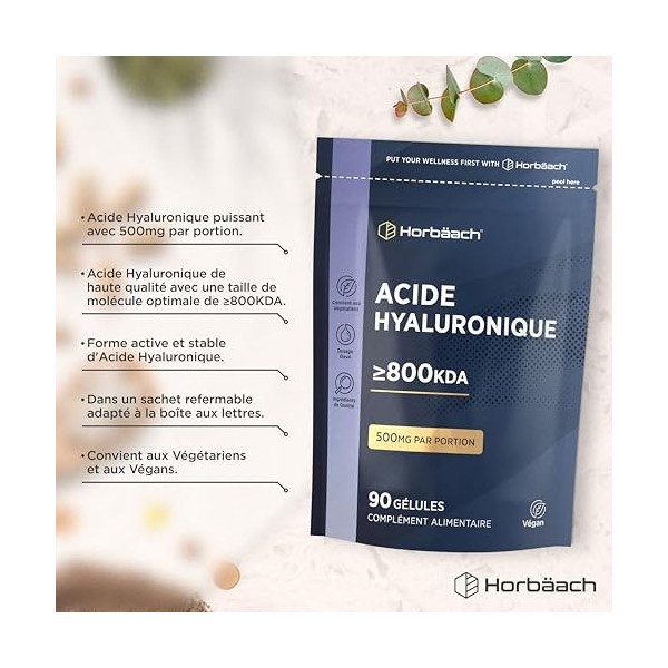 Acide Hyaluronique Gelules 800kDA | 90 Vegan Gélules | Acide Hyaluronique Gelules | Haute Dosé | Complément Alimentaire Cheve