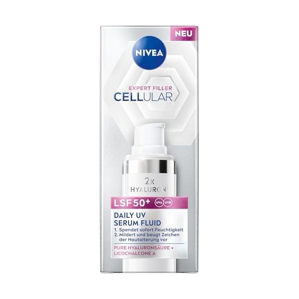NIVEA Cellular Expert Filler Sérum hyaluronique avec SPF 50+, sérum léger et à absorption rapide avec de lacide hyaluronique
