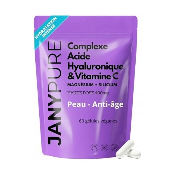 Acide Hyaluronique Pur 400mg + Vitamine C 200mg | Complexe Anti-Âge & Anti-Rides | Hydratation Intense Peau, Éclat du Teint &