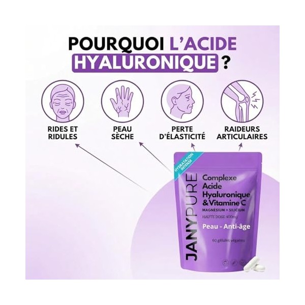 Acide Hyaluronique Pur 400mg + Vitamine C 200mg | Complexe Anti-Âge & Anti-Rides | Hydratation Intense Peau, Éclat du Teint &