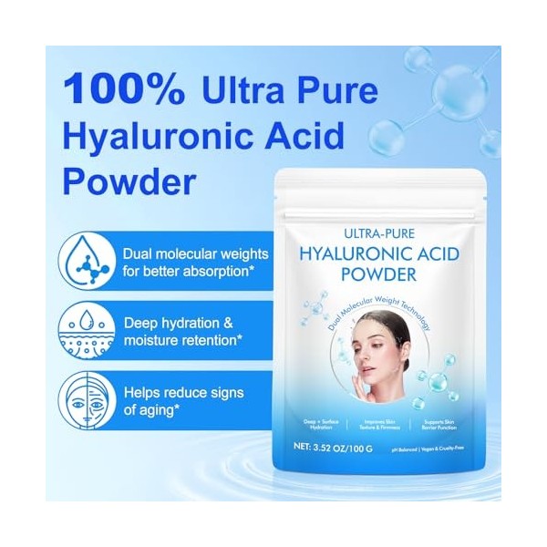 Poudre dacide hyaluronique 100 g, poudre dacide hyaluronique pour hydrater le visage, sérum cosmétique à lacide hyaluroniq