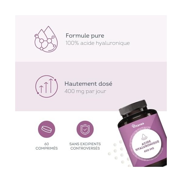 Acide Hyaluronique Pur 400 mg Vegan – Anti-Âge & Hydratation - Formule Haute Absorption – 60 Comprimés – Fabriqué en France -...