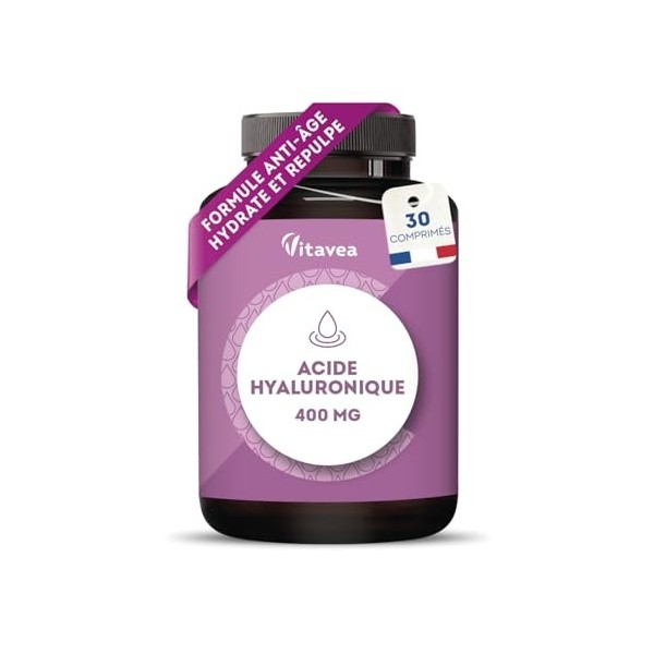 Acide Hyaluronique Pur 400 mg Vegan – Anti-Âge & Hydratation - Formule Haute Absorption – 60 Comprimés – Fabriqué en France -...