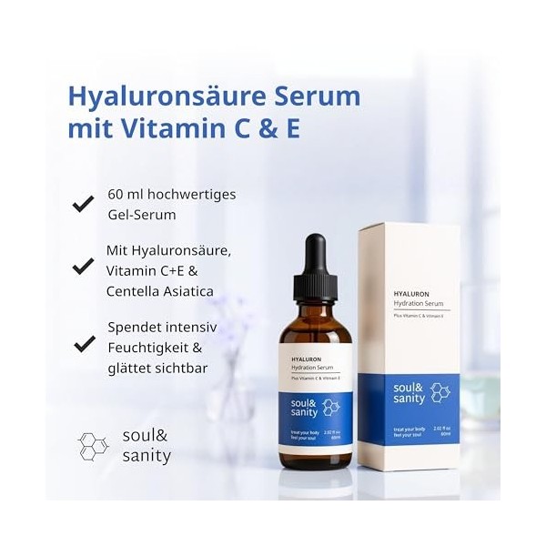 Sérum hydratant pour le visage à lacide hyaluronique, aux vitamines C et E