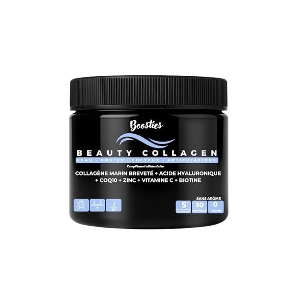 BOOSTIES Beauty Collagen - Collagène marin breveté en poudre 5 000 mg + Acide Hyaluronique, Vitamine C, Zinc, Biotine – Peau,