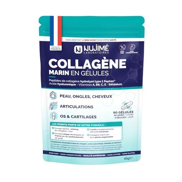 Collagène Marin + Acide hyaluronique et Biotine | Peptides de Collagène Hydrolysés Type 1 | Peau, Cheveux, Articulations | Fa