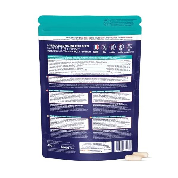 Collagène Marin + Acide hyaluronique et Biotine | Peptides de Collagène Hydrolysés Type 1 | Peau, Cheveux, Articulations | Fa