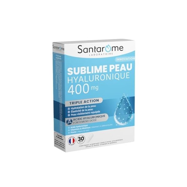Santarome - Sublime Peau Hyaluronique 400 mg - Complément alimentaire Peau - Hydratation et fermeté - Pépins de Raisin - 30 g...