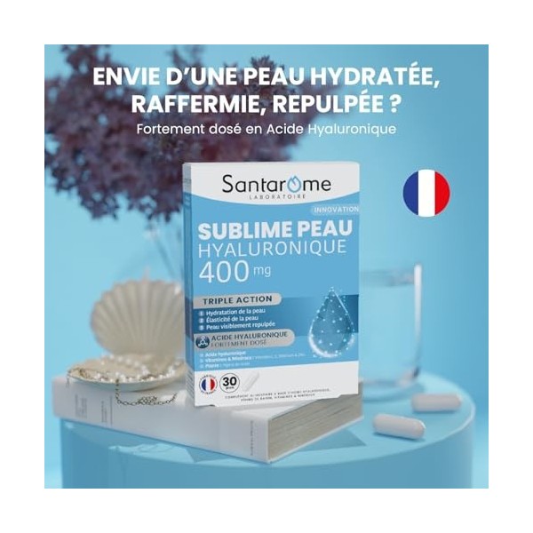 Santarome - Sublime Peau Hyaluronique 400 mg - Complément alimentaire Peau - Hydratation et fermeté - Pépins de Raisin - 30 g...