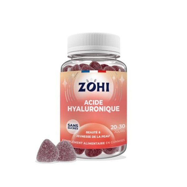 ZOHI-Complément Alimentaire Acide Hyaluronique -Gummies -60 gommes de fruits goût Framboise Pêche- Fabriqué en France
