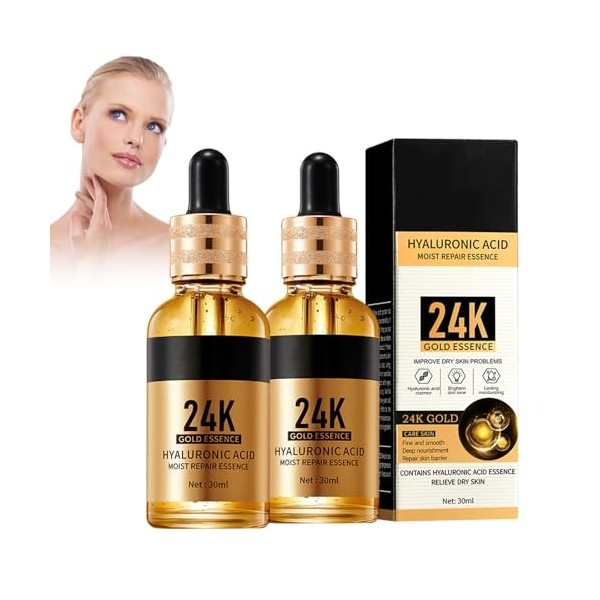 2PCS Sérum Visage 24K Or – Sérum hydratant pour le visage et les yeux enrichi en or 24K pour un éclat immédiat, Acide hyaluro