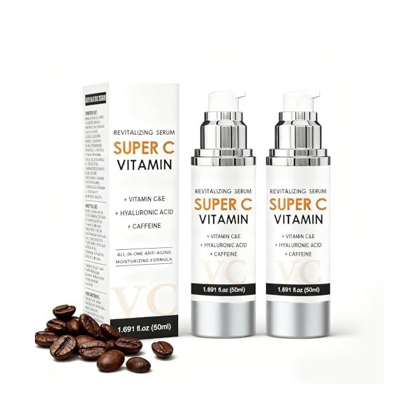 Sérum Visage Éclaircissant Vitamine C + Caféine - Lot de 2 x 50 ml | Traitement Anti-Taches & Unifiant pour un Teint Radieux 